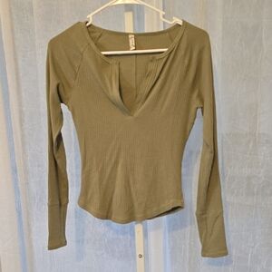 Free People Intimately Ribbed Olive Long Sleeve V-Neck Top